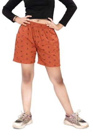 UNOseven Girls Printed Cotton Shorts - Orange, 7-8Y