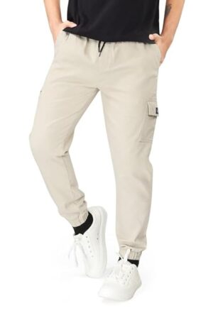 UNOseven Boys Multi Pocket Cargo Cotton Jogger Pant - Cream, 13-14Y (S)