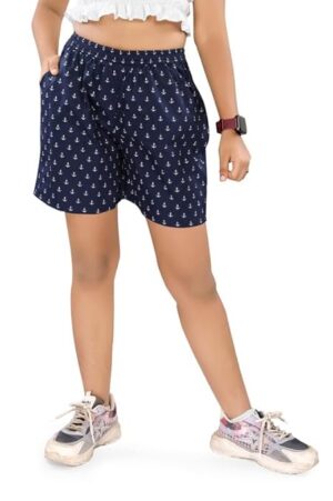 UNOseven Girls Printed Cotton Shorts - Navy Blue, 7-8Y