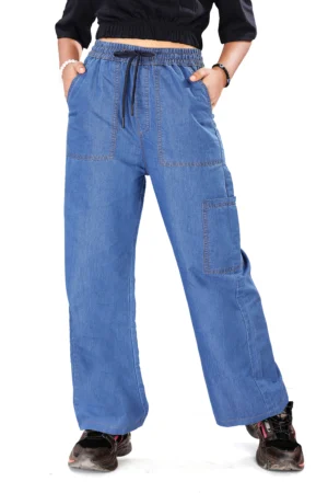 UNOseven Girls Denim Cargo Pant - Mid Blue, 9-10Y