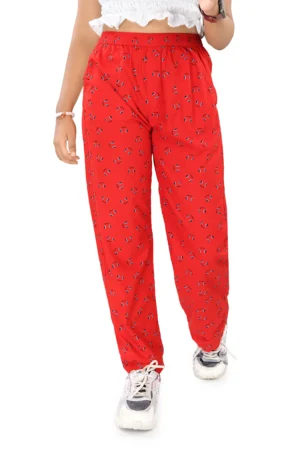 UNOseven Girls Printed Cotton Woven Fashion Pants - Red, 13-14Y